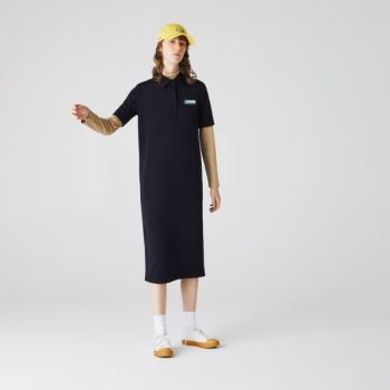 Lacoste LIVE Straight Cut Badge Flowing Polo Dress - Šaty Dámské Tmavě Blankyt Blankyt | CZ-5X5PMs